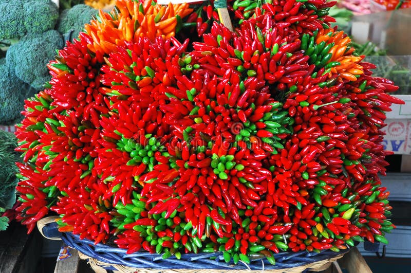 Red and green hot chilli peppers