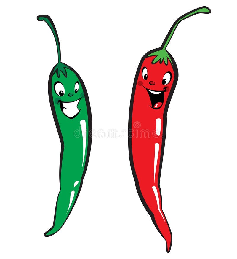 Red and green hot chili character peppers