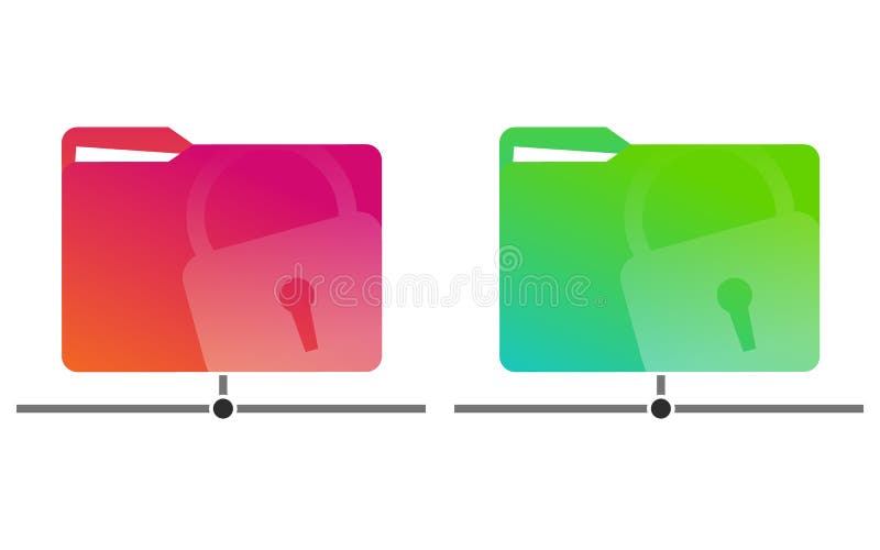 Red and green network folders with a drawn lock with documents. royalty free illustration