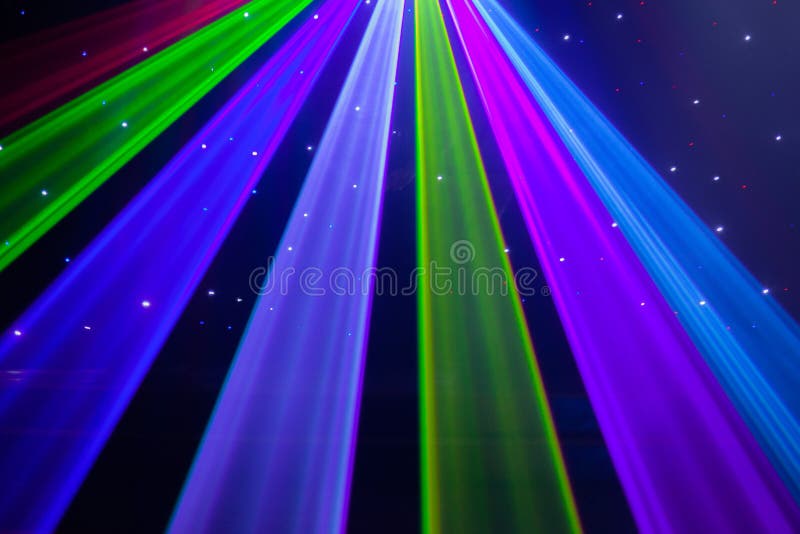 Red, green, purple, white, pink, blue laser lights cutting through smoke machine smoke