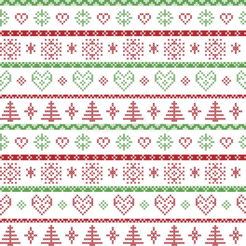 Red and green on the white background Nordic Christmas pattern with snowflakes and forest xmas trees decorative ornaments in