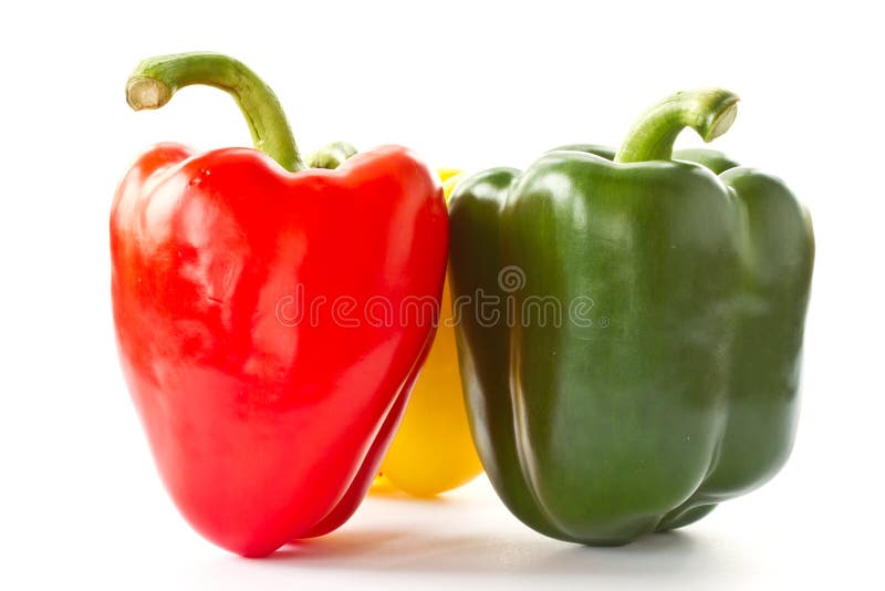 Red, green and yellow peppers