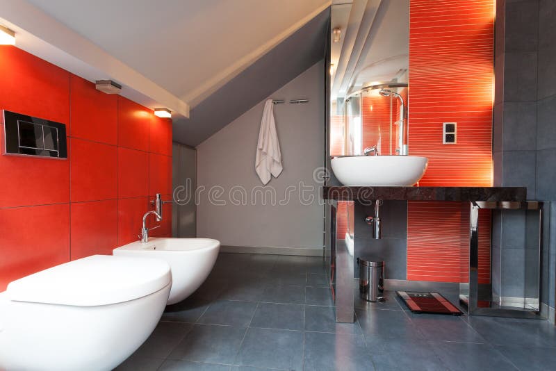 Red and grey bathroom stock image. Image of estate, design 34610343