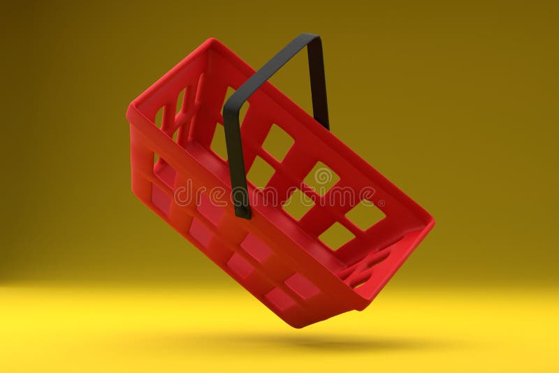 Red Grocery Basket on a Yellow Background. Shopping Concept Stock