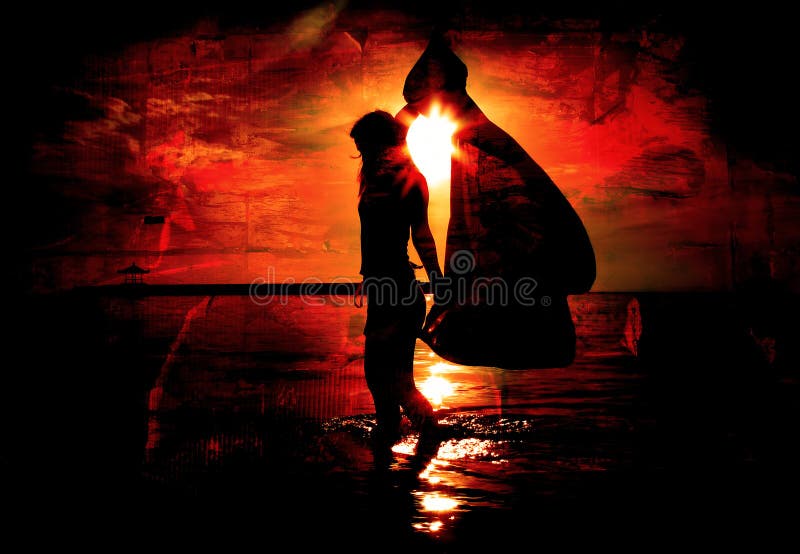 Red Grunge Background with Woman on Beach. Serene beach atmosphere stock images, royalty-free photos and pictures