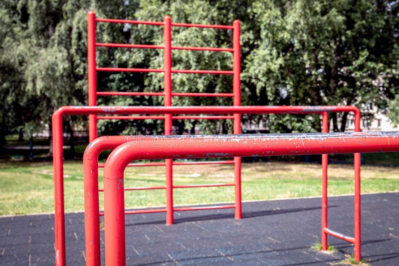 Red Gymnastic Bars Outdoors, Openair Gym Stock Photo Image of chest
