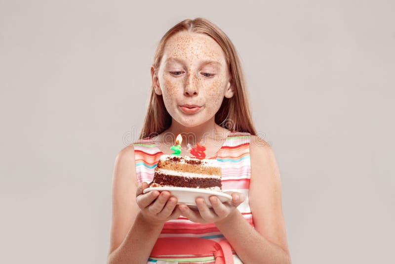 Inclusive Beauty. Girl with Freckles Standing on Grey Holding Birthday ...