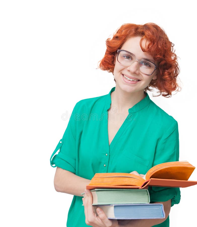 Red Haired Girl In Glasses Thinking Isolated On White Stock Image 