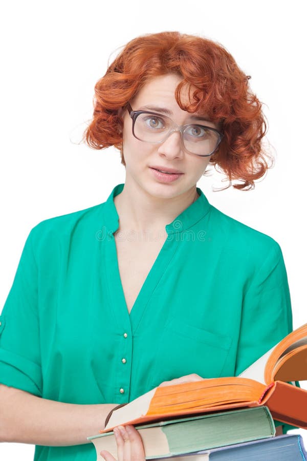 Red Haired Girl In Glasses Thinking Isolated On White Stock Image 