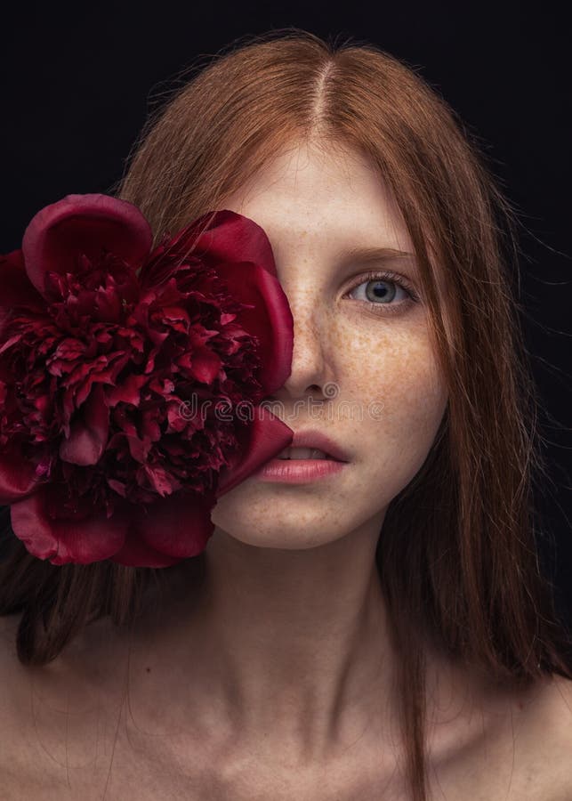 Redhaired Girl with Red Flower Stock Image Image of background, hair