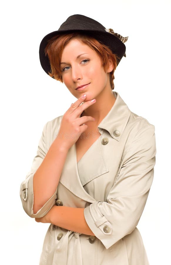 Red Haired Girl Wearing a Trench Coat and Hat