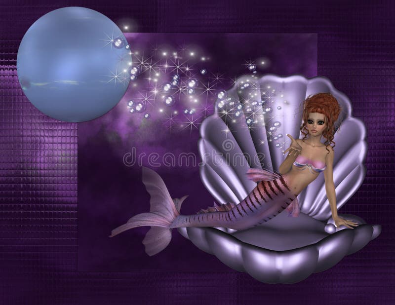 Red Haired Mermaid in Shell Background