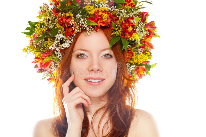 Red Haired Happy Woman Flower Wreath Head Stock Photos - Free & Royalty ...