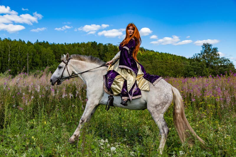 Red-haired young girl in a beautiful purple dress in summer on a horse in a field. in the background, field grasses and