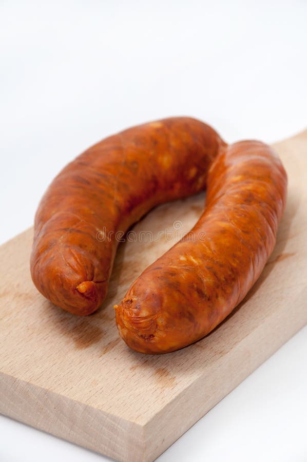 RED HANDMADE SAUSAGES WOODEN BOARD Stock Image Image of meat
