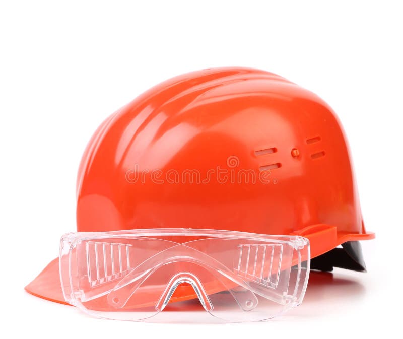 Red hard hat and glasses. stock photo. Image of protect 35351084