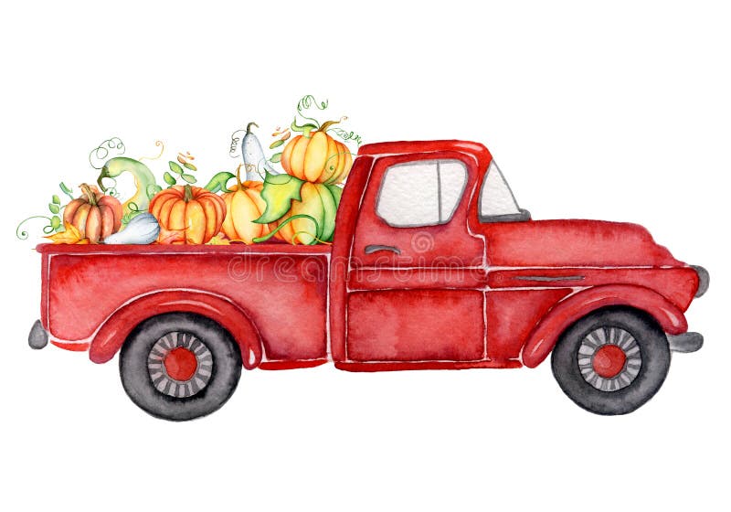 Red harvest truck with pumpkins Thanksgiving watercolor illustration