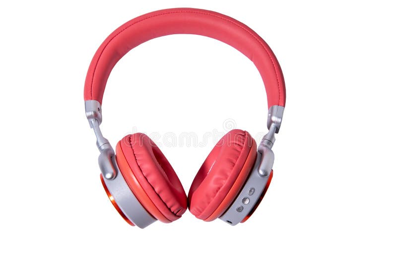 Red headphone and cable isolated on background..Headphones.Red headphone.Technology