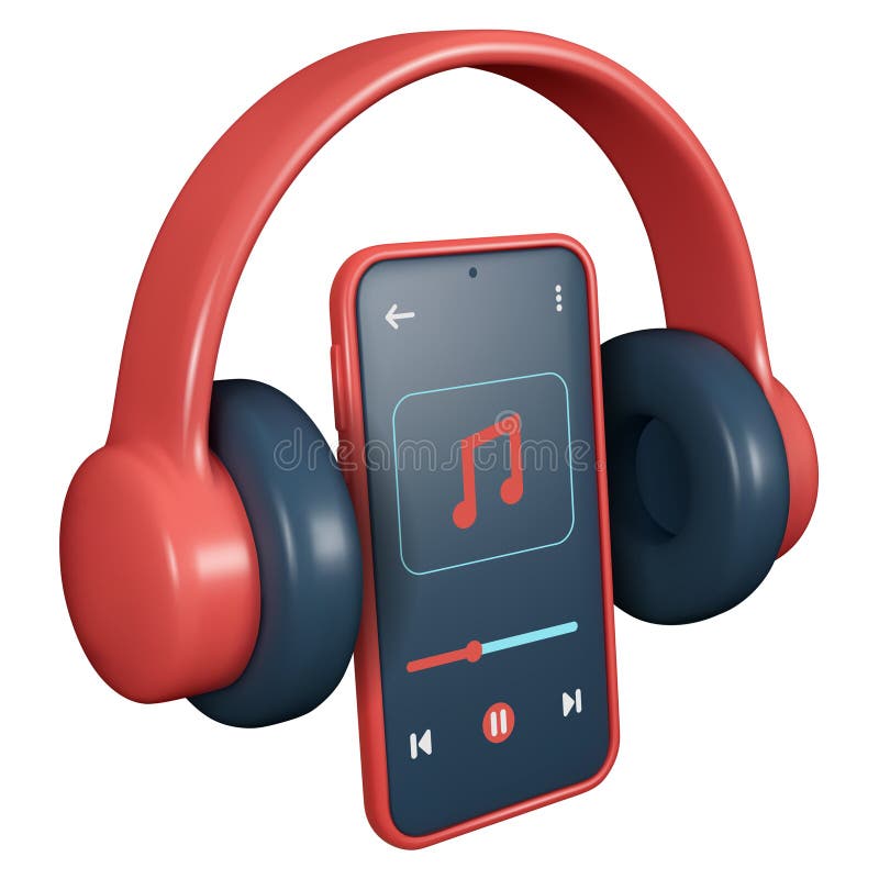Red headphones with a smartphone displaying a music player interface, vector illustration royalty free illustration