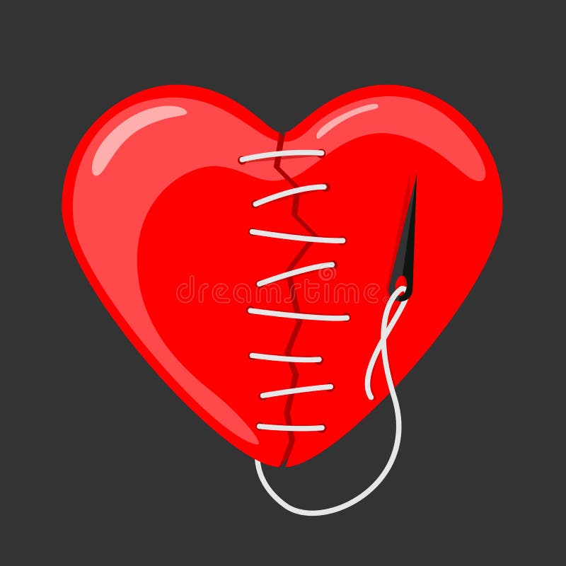 Red heart broken sewn with needle and thread vector design stock illustration Red heart broken sewn with needle and thread vector design stock illustration