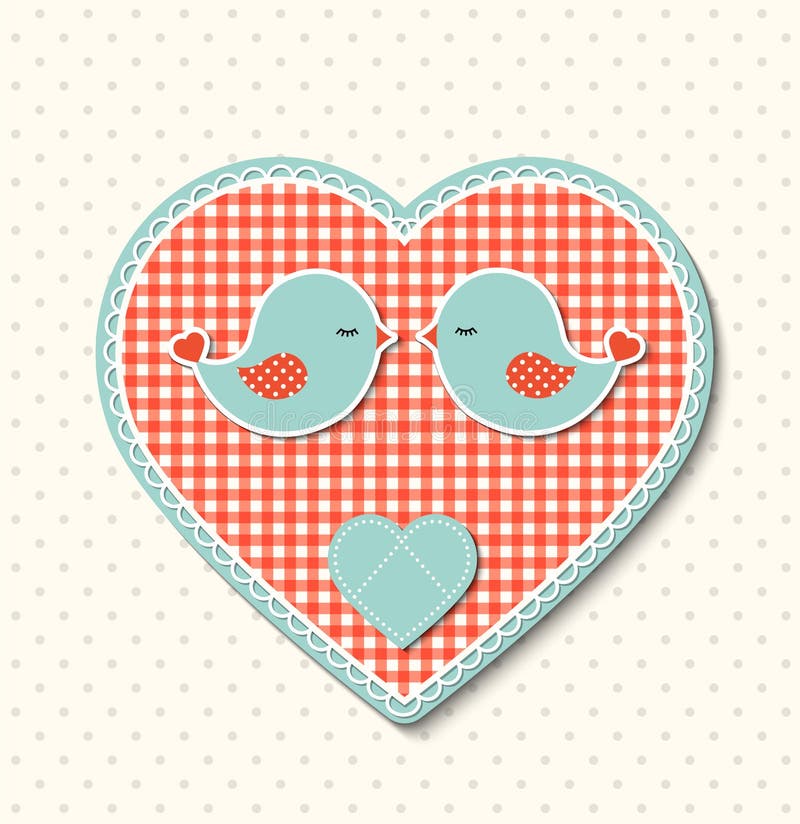 Red heart with canvas texture and two cute birds, illustration