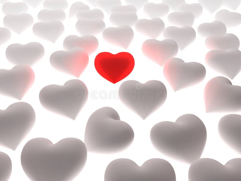 Red heart in a crowd of white hearts