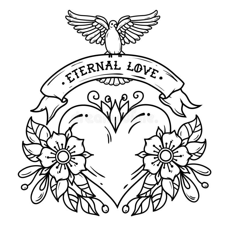 Heart with Flowers, Ribbon and White Dove. Eternal Love. Old School Tattoo. Black and White Illustration Stock Illustration - Illustration of isolated, dove: 110869985 Heart with Flowers, Ribbon and White Dove. Eternal Love. Old School Tattoo. Black and White Illustration Stock Illustration - Illustration of isolated, dove: 110869985