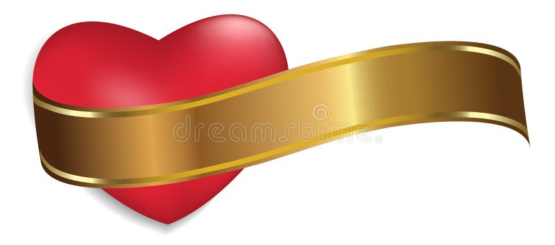Red heart with Golden ribbon isolated on white background. Decoration for Valentine`s day and other holidays. Vector