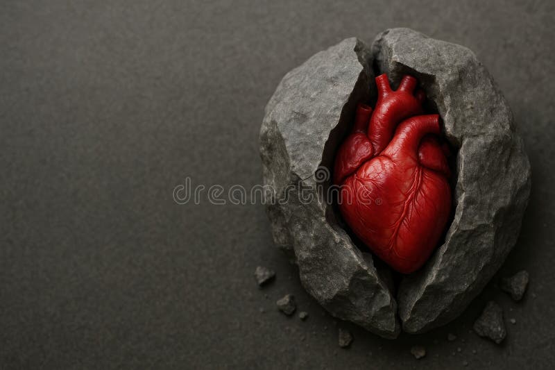 A red heart inside the shattered stone. Space for text. stock photos