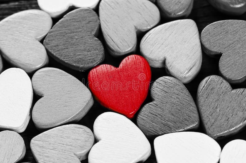 Red Heart And Many Black And White Hearts Stock Photo 