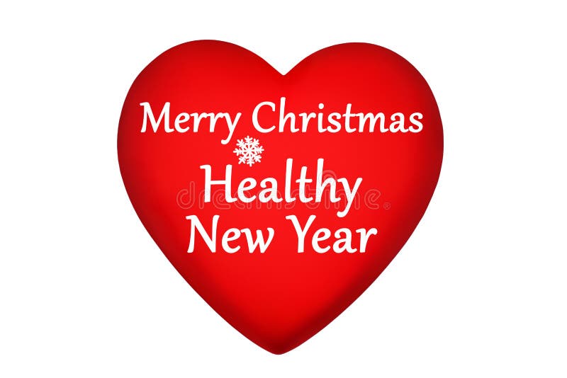 Red heart, Merry Christmas & Healthy New Year text, snowflake pattern on white background isolated, happy 2021 holiday banner