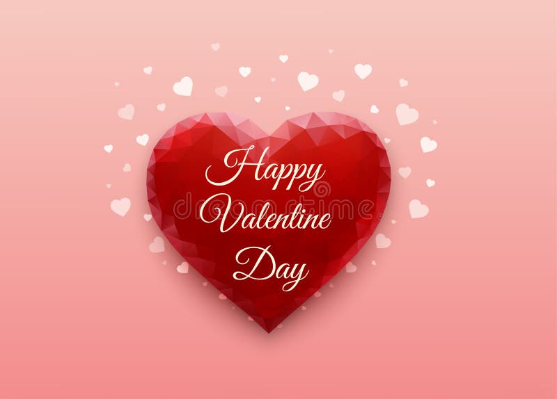 Red heart on pink background in form of polygonal triangles. Valentine`s day. Romantic greeting card. Love festive poster.