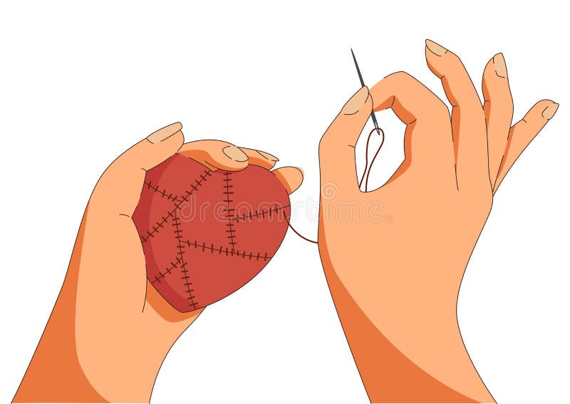 Red Heart with Sewing Needle in Flat Design Hand Fixing Broken Heart