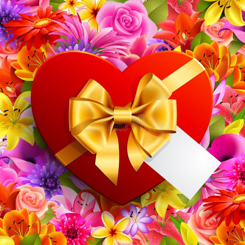 Red heart shaped gift with golden bow on flower background. Shaped gift vectors