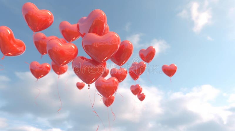 Red heart shaped helium balloons floating in the sky, valentines day