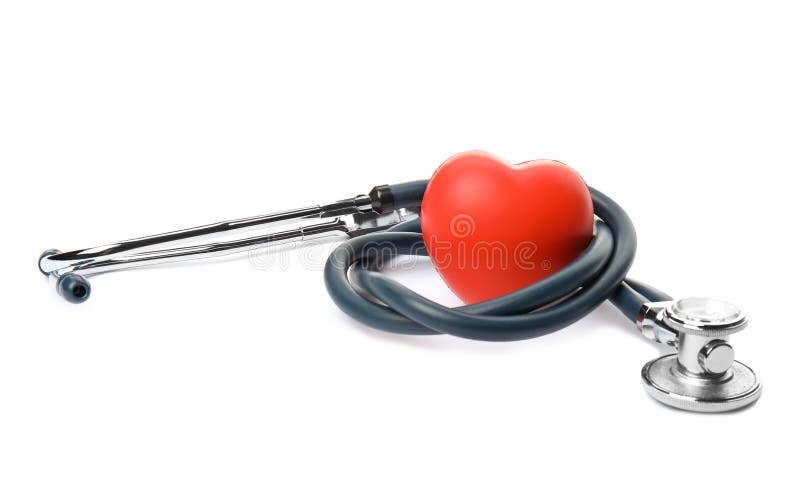 Red heart and stethoscope on white background. stock photo