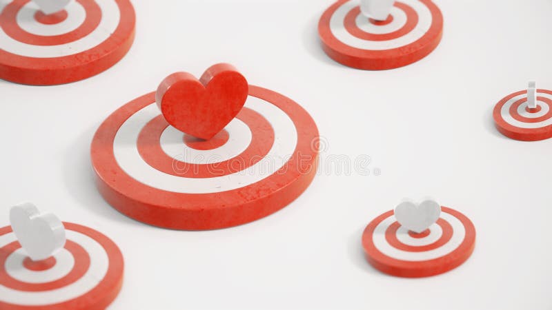 Red heart symbol in the center of a target with red and white hearts targets around 3d render. Valentine& x27;s symbols in white studio with camera depth of field effect
