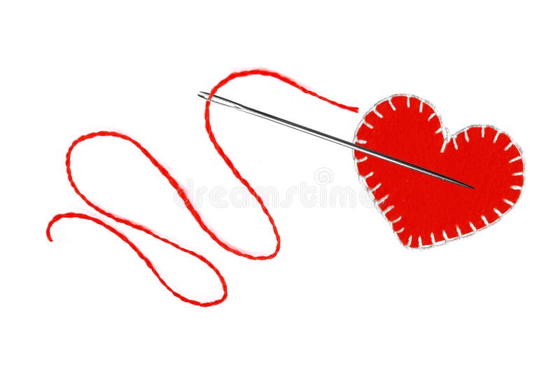 Red heart, thread and needle isolated on white