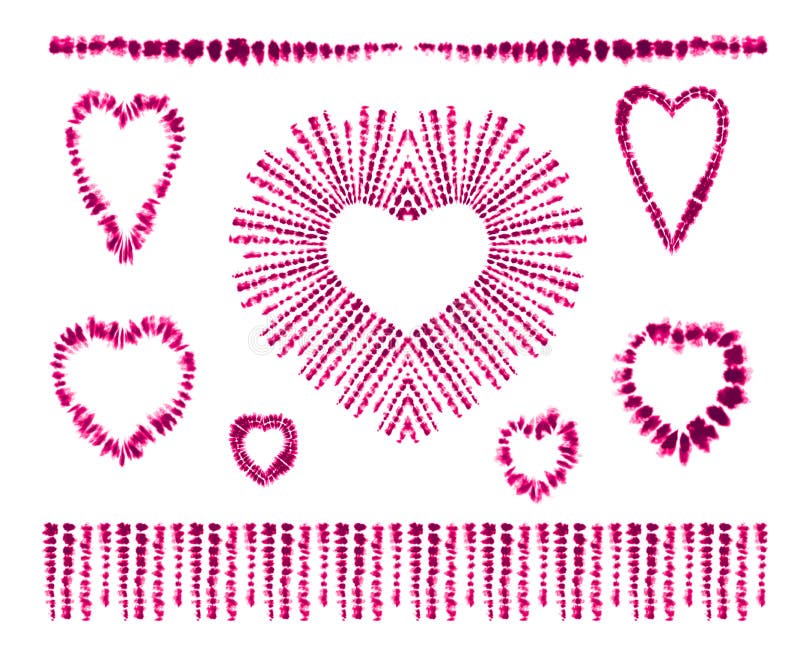 Red heart tie dye. Valentines day. Art brushes. Print in Shibori style. Ribbon ornament, ribbon, border.