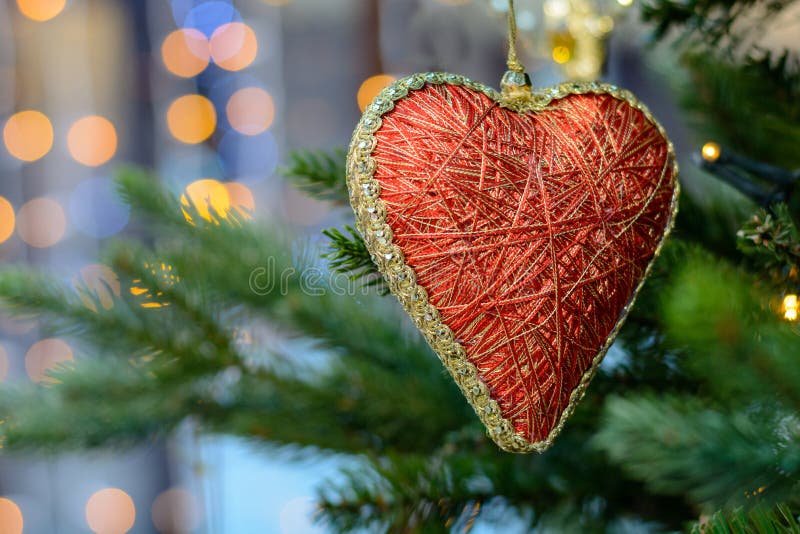 Red Heart Toy Hanging on Christmas Tree Stock Photo Image of bright