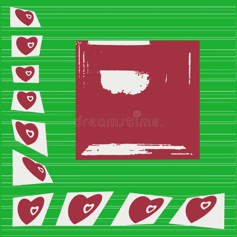 Red hearts around the edge. Green striped background. Red square in the middle for writing text. Vector to Mother`s Day, to the day of Saint Valentine, Easter stock illustration