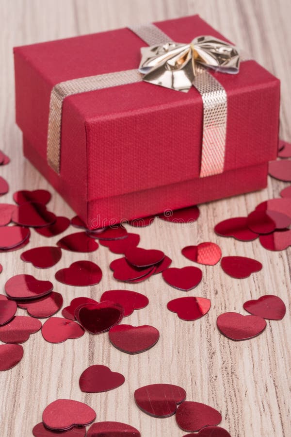 Red Hearts Confetti on Wooden Background Stock Image Image of