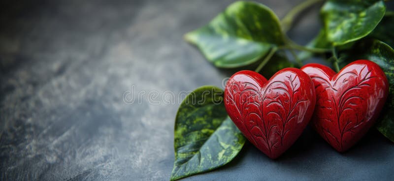 Red hearts on green leaves, decorative elements, romantic theme, textured background, copy space for text royalty free stock image