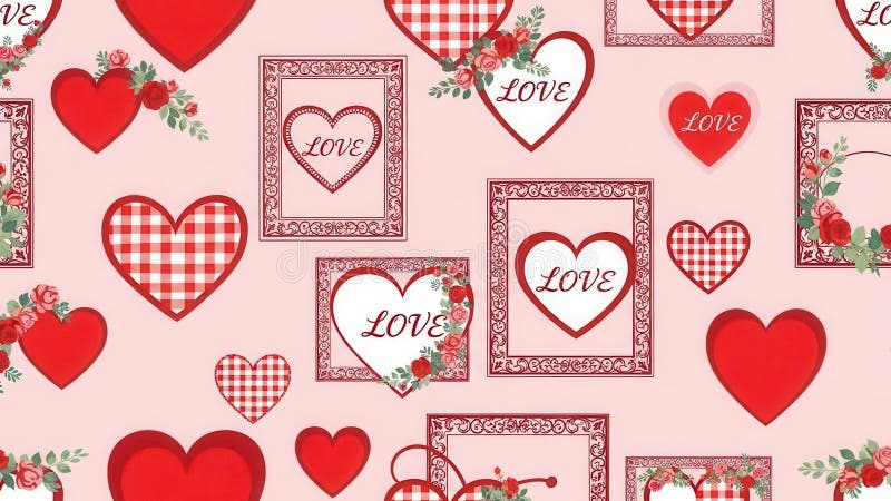 A repeating pattern of red hearts in various styles including solid, gingham, and framed with ornate borders. Some hearts contain the word "LOVE" and are adorned with red roses and green leaves. The background is a soft pink. Friendship borders illustrations