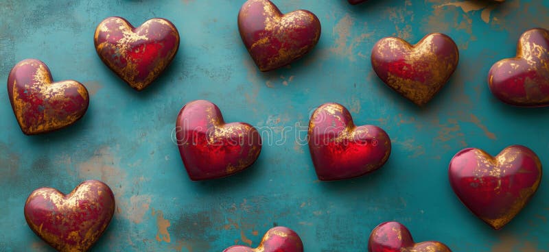 Red hearts on textured blue background, decorative elements, vintage style, artistic arrangement, copy space for text. AI generated