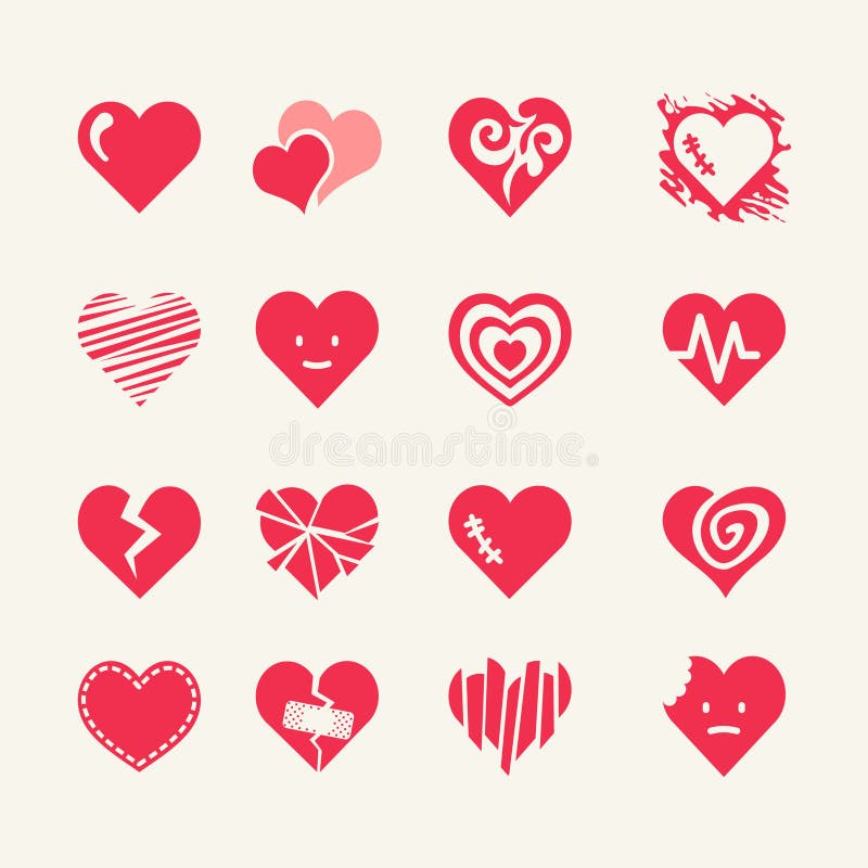 16 red hearts - web icons set vector illustration