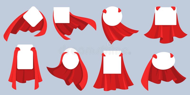 Red hero cape label. White empty badges with super hero, power man cloak. Cartoon vector mockup for kids product