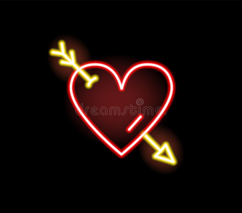 Red Herz getroffen durch flache Illustration Pfeildes neonsymbol-Vektors. Licht Romantiker Zeichen des Liebesliebesdatums oder -Va vektor abbildung