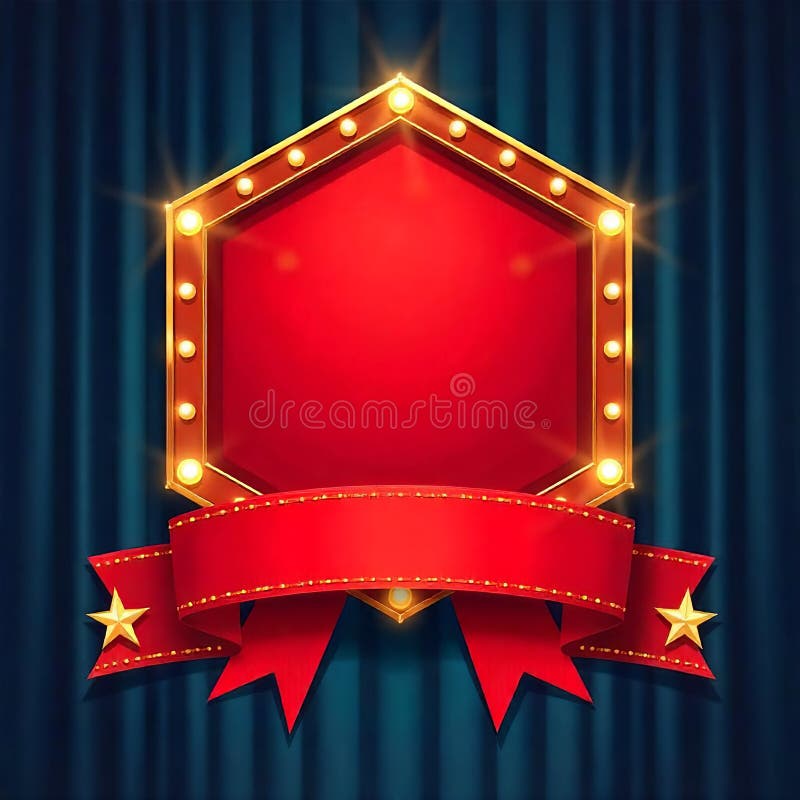 Red Hexagon Stage Banner with Golden Lights and Ribbon royalty free illustration