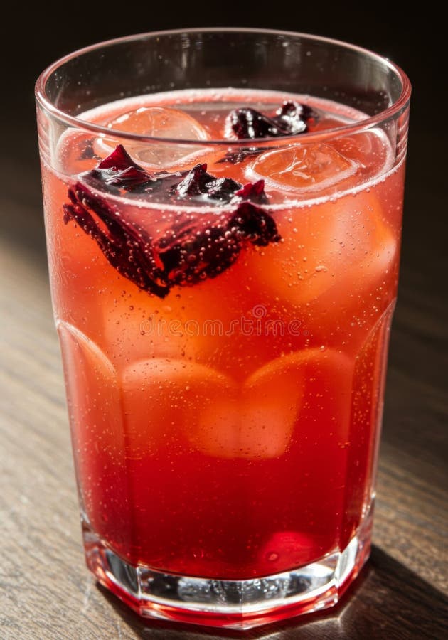 Red Hibiscus Iced Drink in Glass on Wooden Table royaltyfri illustrationer